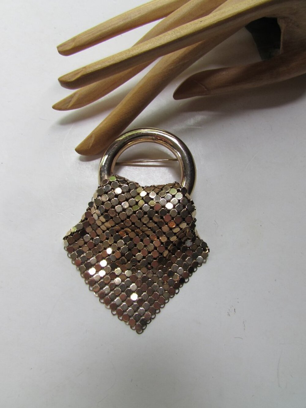 Vintage Gold Tone Mesh Brooch 1960 1970 Style